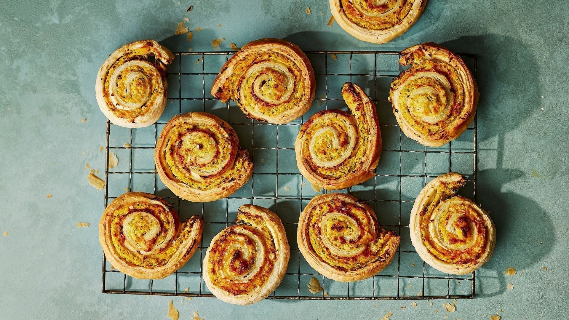Veggie Puff Pastry Pinwheels on a cooling rack