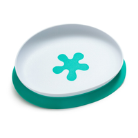 doddl 2-in-1 suction plate: white plate with an aqua splash print on a removable teal suction base