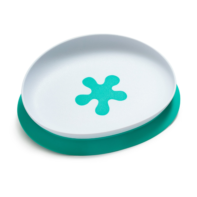 doddl 2-in-1 suction plate: white plate with an aqua splash print on a removable teal suction base