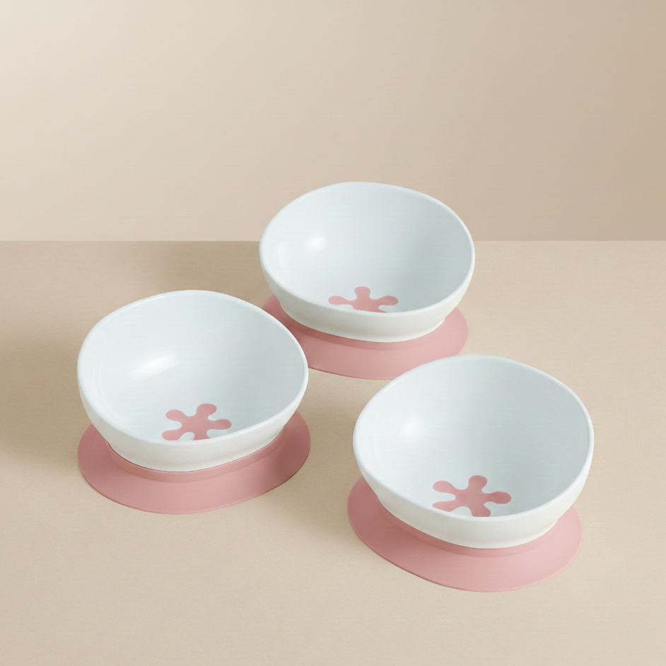 3 white doddl bowls in Dusky Rose on a beige background