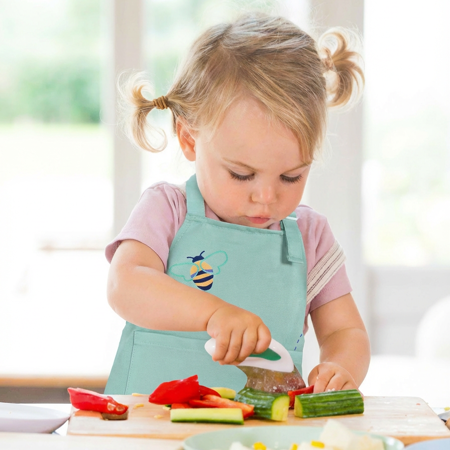 Child in a kitchen wearing an apron, preparing vegetables with doddl knife.
