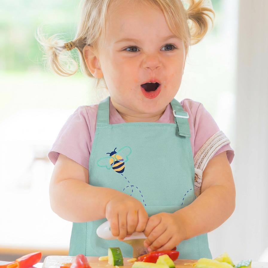 Child in a kitchen wearing a doddl apron, preparing food with doddl knife on a cutting board.