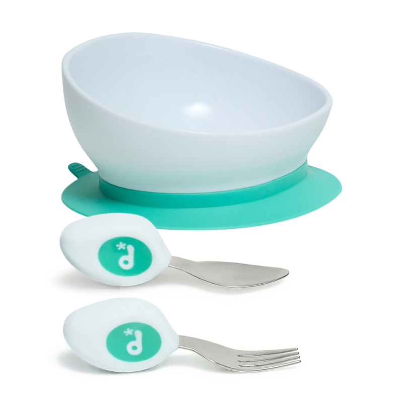 doddl toddler cutlery and 2-in-1 suction bowl: pale blue suction bowl with a toddler spoon and fork