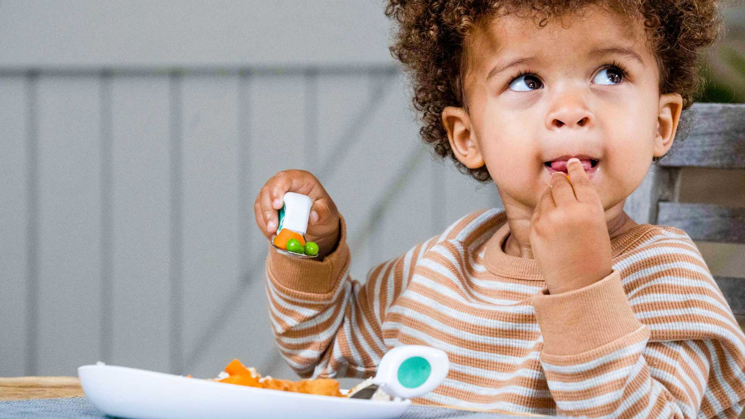 toddler boy sitting at a meal table eating with a doddl fork and spoon on a doddl plate