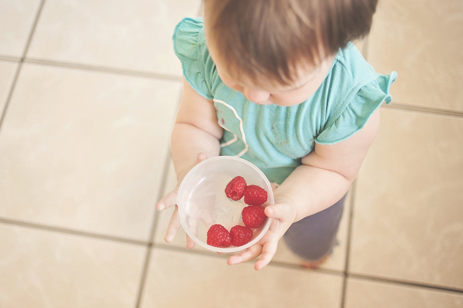 food and toddlers - toddler carrying a bowl of raspberries