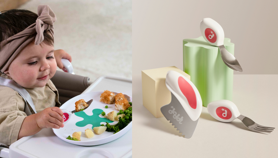 Baby eating with doddl cutlery beside the doddl cutlery set