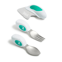doddl spoon, fork and knife with short white-and-aqua handles and stainless steel ends