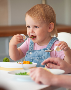 Toddler feeding themselves with doddl cutlery at the table