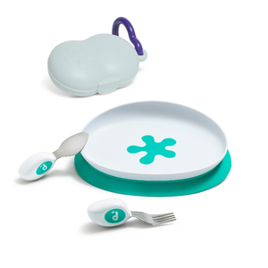 doddl building skills set: suction plate, bowl, cutlery and case in aqua
