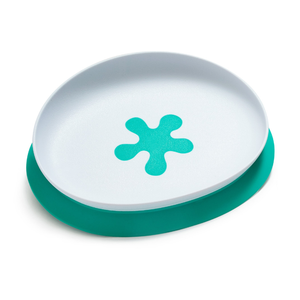 doddl 2-in-1 suction plate: white plate with an aqua splash print on a removable teal suction base