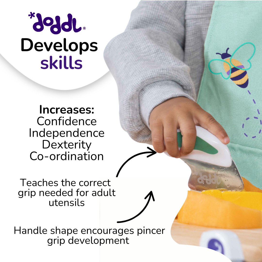 Child using doddl utensils with text highlighting skills development and doddl branding.