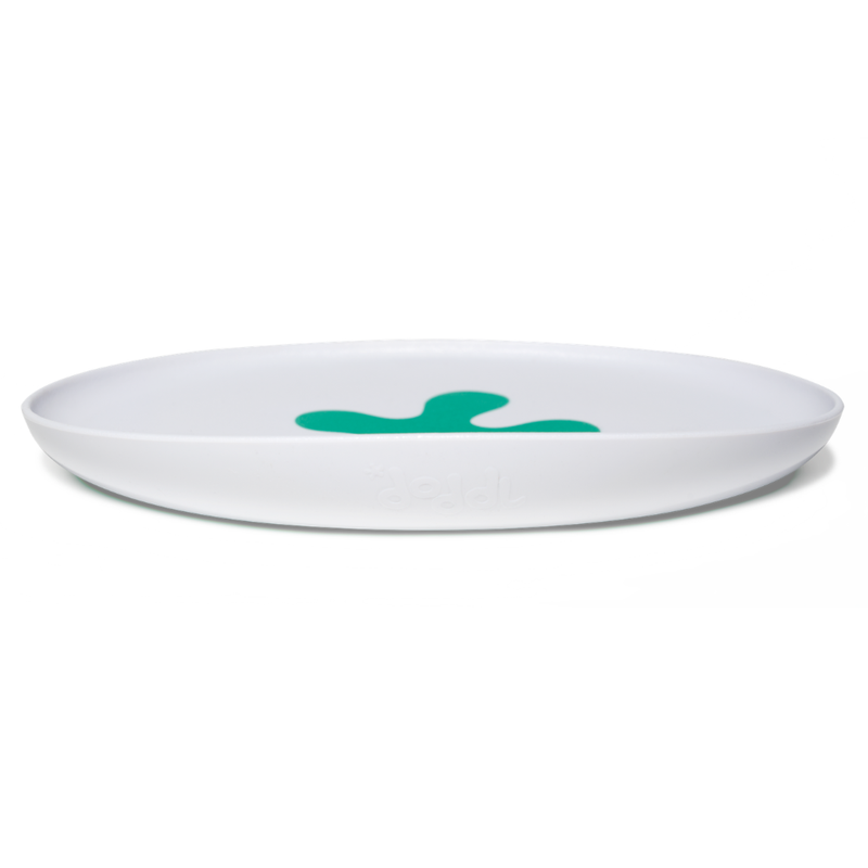 doddl getting more involved non-slip plate in white with an aqua splash print, shown from the side