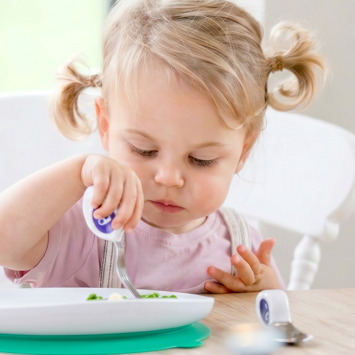A toddler with blonde pigtails sits at a table, using a small white and blue handled utensil to eat from a white doddl suction plate. The scene is brightly lit with a soft-focus indoor background.