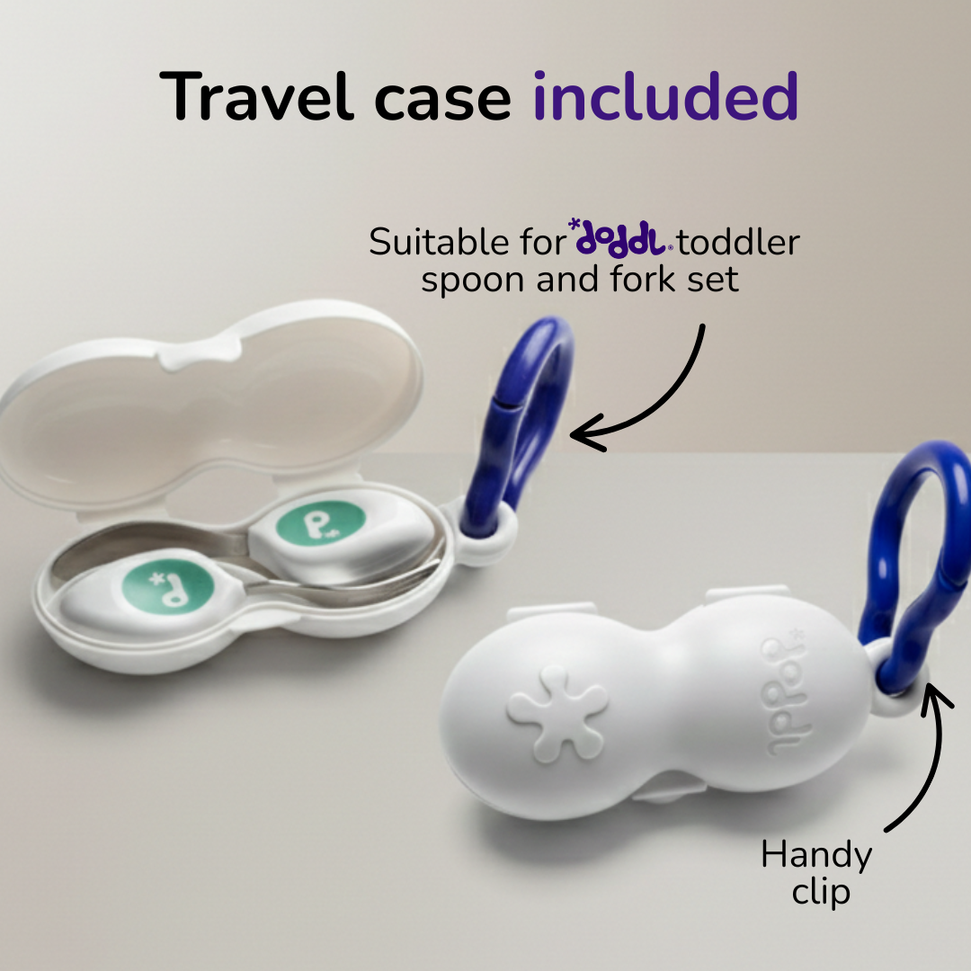 Toddler spoon and fork set with travel case and handy clip on a light gray background